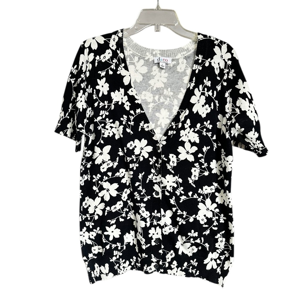 Denim & Co Sz Large Black White Floral Cotton Short Sleeve Cardigan Sweater